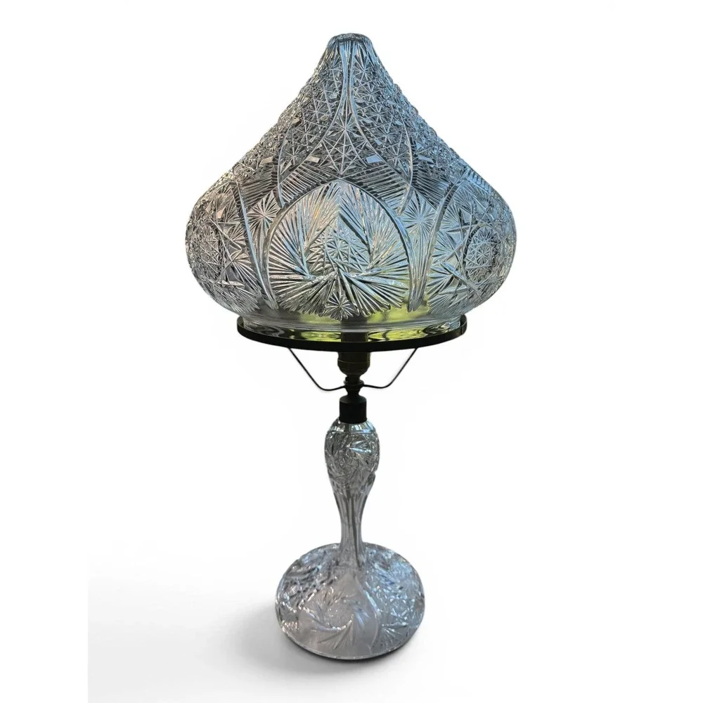 Antique Crystal Glass Base + Shade Table Lamp Brilliant Period